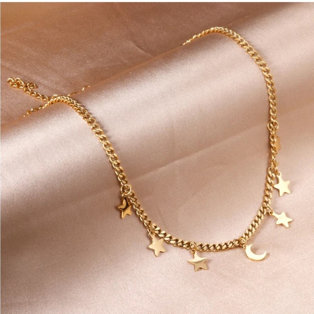 NEW 18K yellow gold plated Cuban chain boho star and moon necklace jewelry B28A - Picture 4 of 10